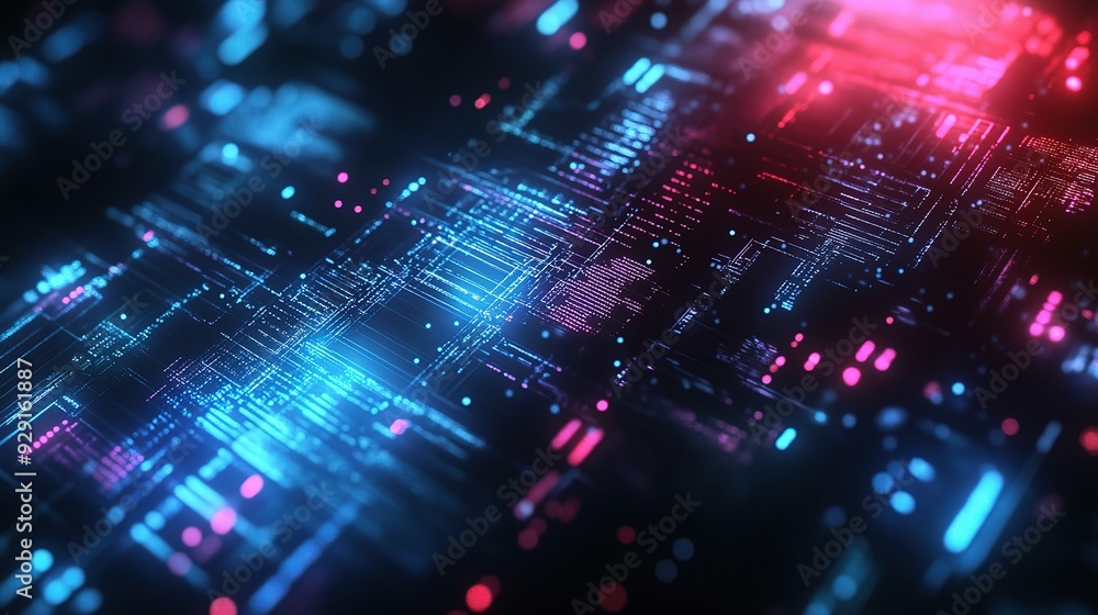 Aufkleber digital abstract: a mesmerizing abstract background of glowing blue and red circuits, evoking a sens