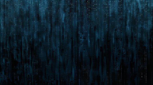 Abstract Data Stream Digital Rain of Letters and Numbers Cascades Down a Dark Blue Background