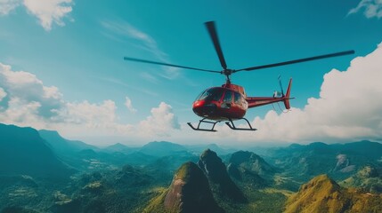 A helicopter flies over lush mountains, showcasing stunning natural beauty and dramatic clouds overhead