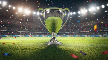 Winner trophy with flames, golden champion cup with falling confetti on gras background. AI generate