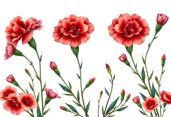 Fototapeta premium A bouquet of vibrant red carnation flowers with green leaves against a white background