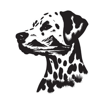 recommend clip art: silhouette of dalmatian, filled with mountain and nature view in rough drawing,