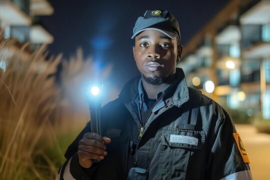 security guard in uniform using a flashlight for surveillance at night outside a building.
