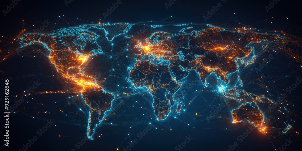Poster global communication networks on digital world map