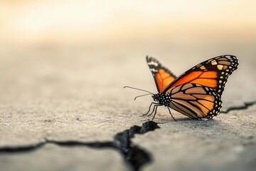 Obraz premium A butterfly emerging from cracked concrete, signifying hope and transformation, Hope, Transformation