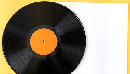 old black vinyl record with blank orange label halfway out of its white blank cover on yellow background