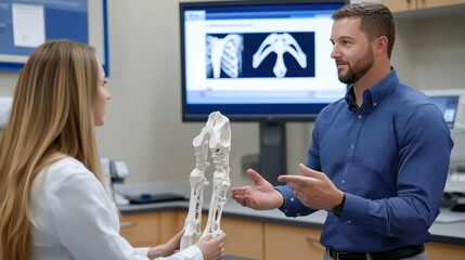 Obraz premium A medical professional educates a patient with a skeletal model while discussing anatomy