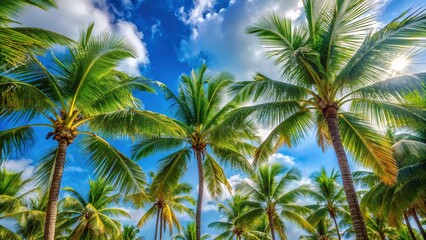 Obraz premium Swaying palm tree fronds against a bright blue sky create a natural, repetitive pattern, evoking feelings of tropical serenity and relaxed tranquility.