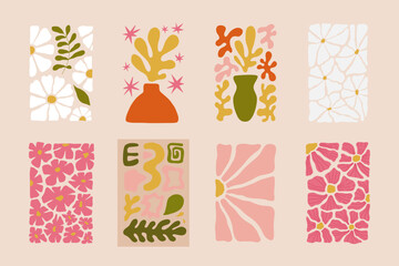 Abstract floral posters template. Modern trendy Matisse minimal style. Pink and green colors. Hand drawn retro design for wallpaper, wall decor, print, postcards, covers, templates, and banners.