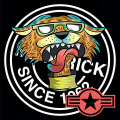 Rocker cat, with glasses and rock and roll hairstyle, leather jacket and party attitude, military style backgrounds and texts of party and fun places. Various shields and stickers. Camouflage textures © delacroix7