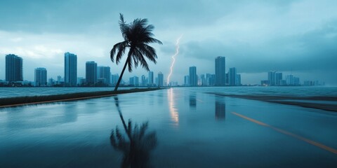 Obraz premium Miami beach with palm trees and buildings destroyed by the hurricane, lightning in background