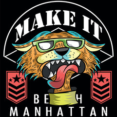 Rocker cat, with glasses and rock and roll hairstyle, leather jacket and party attitude, military style backgrounds and texts of party and fun places. Various shields and stickers. Camouflage textures © delacroix7