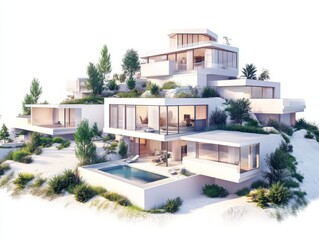 Fototapeta premium Modern village, hillside homes with panoramic windows, white background, 3D illustration
