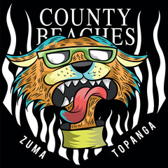 Rocker cat, with glasses and rock and roll hairstyle, leather jacket and party attitude, military style backgrounds and texts of party and fun places. Various shields and stickers. Camouflage textures © delacroix7