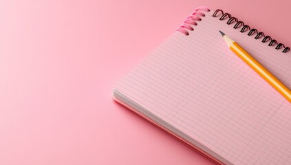 Pink notepad with grid lines and a pencil on the right side, on a vibrant magenta background