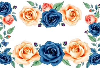 A bouquet of orange and blue roses with green leaves on a white background