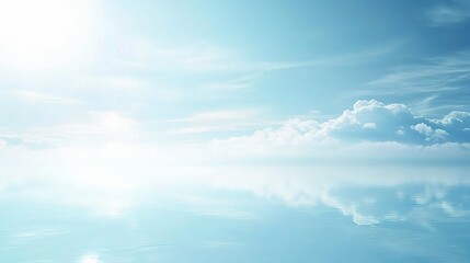 Celestial Mirror: Sunlight bathes fluffy clouds in a serene blue sky, their beauty reflected in a tranquil, endless expanse. 