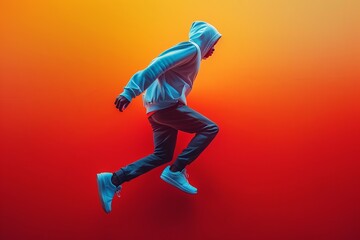 A person in a hoodie leaps against a vibrant orange background in an urban setting during the afternoon