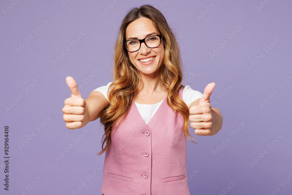 Sticker young smiling happy successful employee business woman corporate lawyer wear white t-shirt vest glas