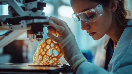 A focused scientist observes a 3D print while working in a well-lit lab environment