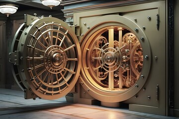 Fototapeta premium Safe with the door open. Gold in the vault. 3D illustration. 