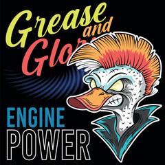 Punk duck with a biker-style leather jacket, urban texts about trips to different places, flags from different countries, bright colors and allusive to road races, rock and roll music.