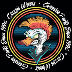 Obraz premium Punk duck with a biker-style leather jacket, urban texts about trips to different places, flags from different countries, bright colors and allusive to road races, rock and roll music.