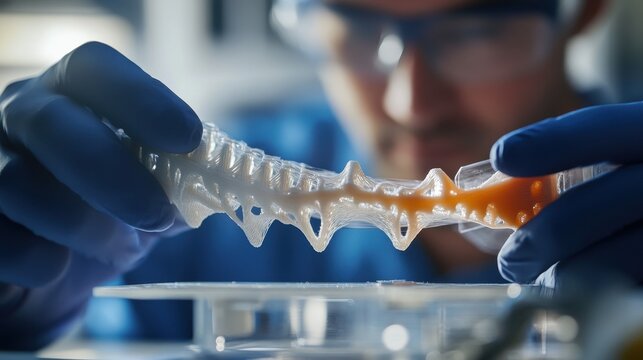 A scientist analyzes a spinal model in a lab, highlighting the intricate details of its structure