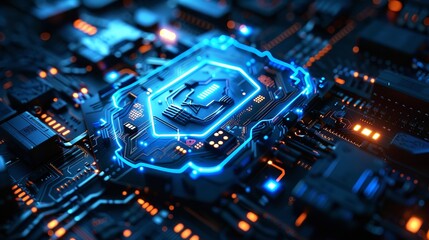 a lock integrated into a circuit board with glowing lights, signifying themes of cybersecurity, data protection, and technological security