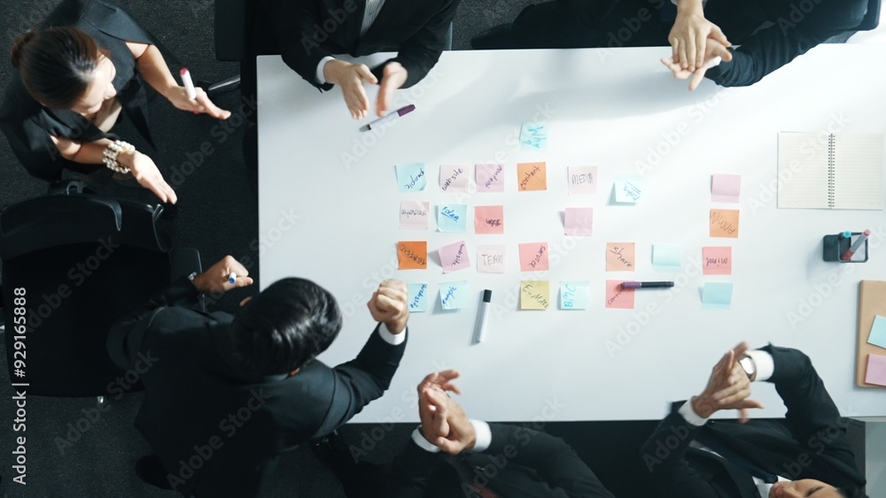 Aufkleber top down ariel view of professional business team use colorful sticky notes brainstorming idea at me