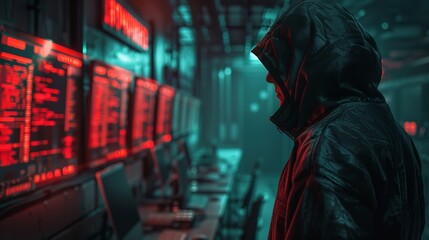 Obraz premium cybersecurity, Back view of hacker in hoodie working with computer on dark background. Hacking and malware concept