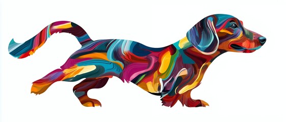 Obraz premium A colorful, abstract representation of a dachshund in motion.
