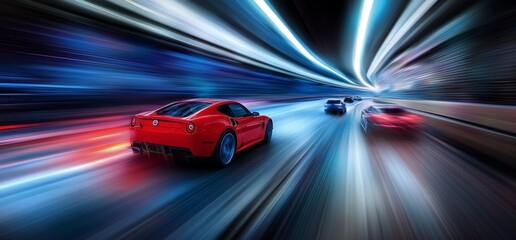 Obraz premium Racing track inside an arena with black walls, lights, and motion blur from fast-moving cars