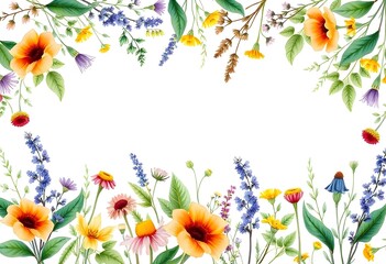 Spring flowers frame. Colorful flowers and leaves frame on a white background, including orange and yellow flowers, green leaves, and other floral elements