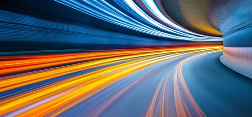 Racing track inside an arena with black walls, lights, and motion blur from fast-moving cars