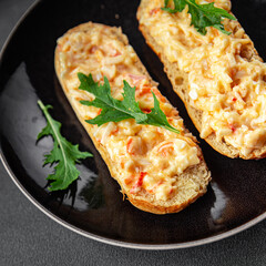 salad spread surimi and crab sticks, mayonnaise smorrebrod fresh meal food snack on the table copy space food background rustic top view