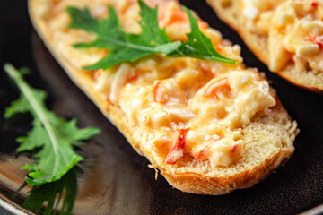 salad spread surimi and crab sticks, mayonnaise smorrebrod fresh meal food snack on the table copy space food background rustic top view