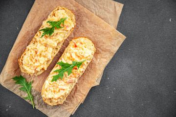 salad spread surimi and crab sticks, mayonnaise smorrebrod fresh meal food snack on the table copy...