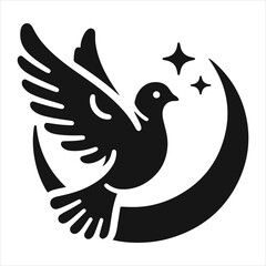 The vector silhouette of a dove on a white backdrop
