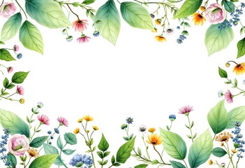 Fototapeta premium A floral border with various green leaves, pink flowers, and other botanical elements on a white background