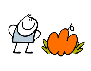 Cute satisfied farmer looks at a huge pumpkin in the garden. Vector illustration of a successful harvest. Doodle cartoon worker found a Halloween decoration in grass.
