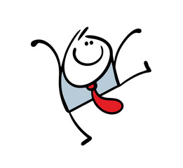 Cheerful businessman in a suit has gone crazy, dancing, jumping, rejoicing. Vector illustration of a happy office employee completing a successful deal. Isolated funny character on white background.