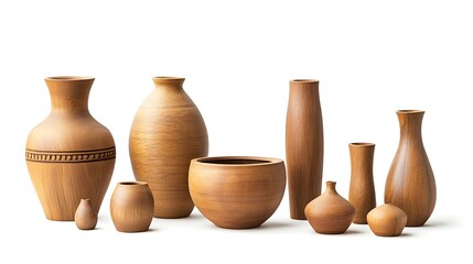  variety of wooden objects, including bowls, vases, pots, and a spoon.