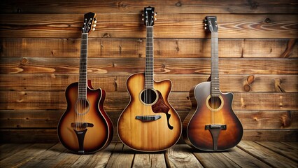Naklejka premium Three guitars of varying sizes and styles lean against a rustic wooden background, their curves and contours blending in harmonious union.