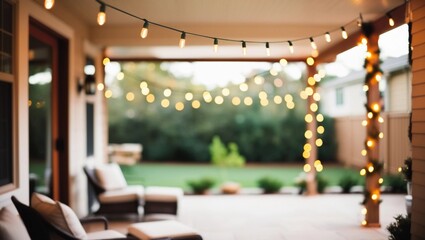 Fototapeta premium Cozy Outdoor Patio with String Lights and Blurred Background 