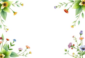 Fototapeta premium Colorful leaves and flowers forming a border frame a white background