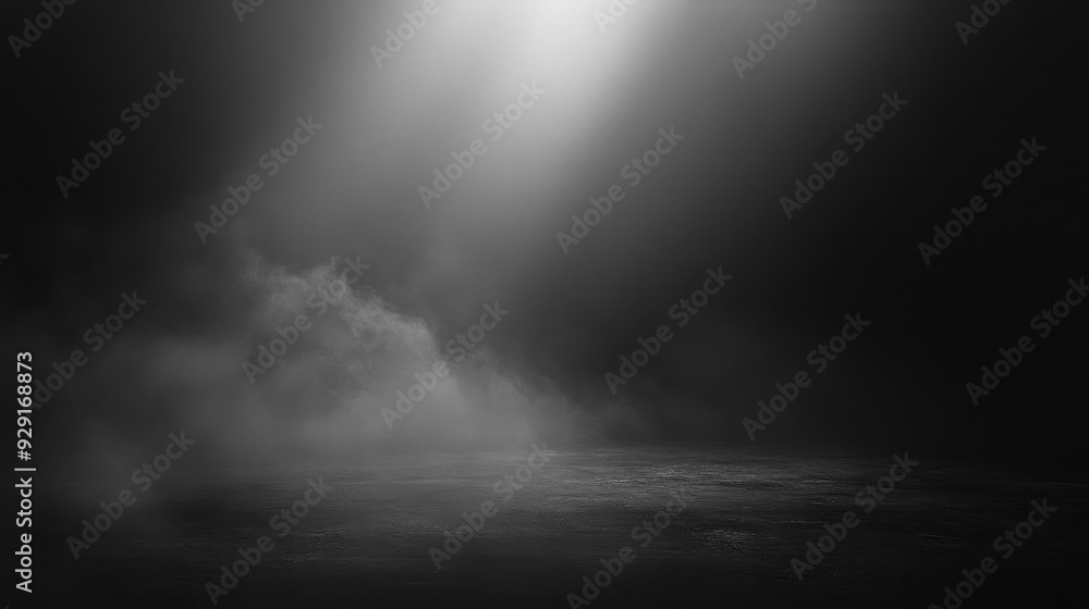 Poster a dark, misty scene illuminated by a single light source, creating a mysterious atmosphere.