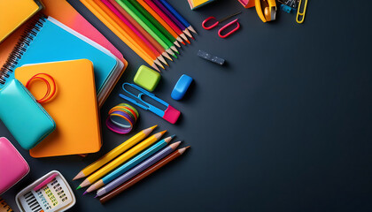vibrant assortment school supplies neatly organized dark background featuring colorful notebooks pencils educational tools