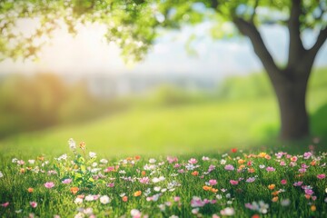 Obraz premium Blur background of colorful vibrant flower field surrounded grass field and tree. Spring and nature conservation concept. with generative ai