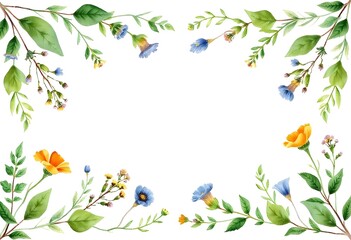 Colorful leaves and flowers forming a border frame a white background